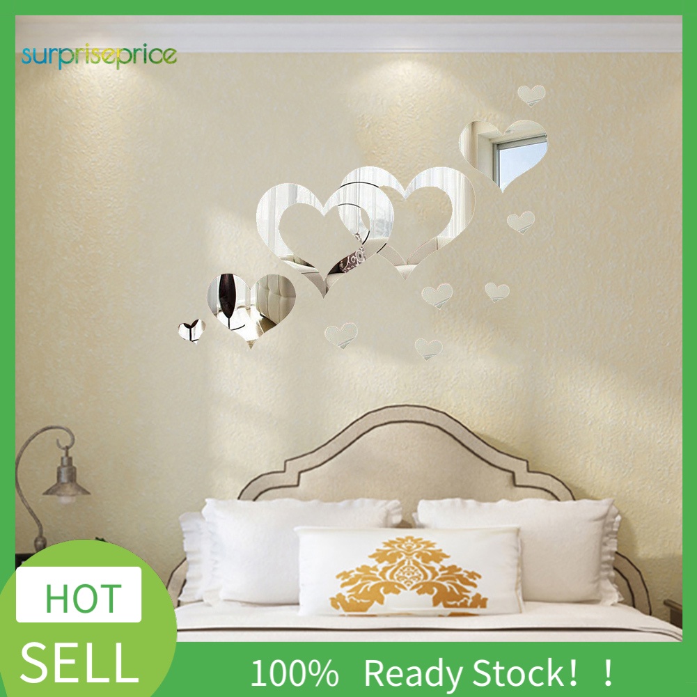 Set 13 Miếng Dán Tường Tráng Gương Acrylic Hình Trái Tim Thời Trang DIY