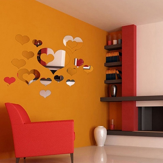 Set 16 Miếng Dán Tường Tráng Gương Hình Trái Tim 3D Sáng Tạo Trang Trí Nhà Cửa