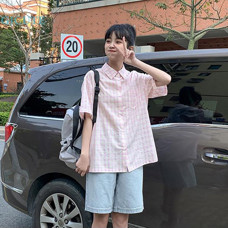 Áo Sơ Mi Ngắn Tay Họa Tiết Caro Ngọt Ngào Thời Trang Mùa Hè Cho Nữ