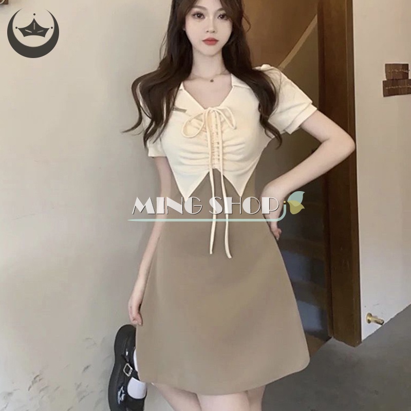 Đầm Giả Hai Lớp Cổ Chữ V Màu Sắc Tương Phản Phong Cách Retro Dành Cho Nữ