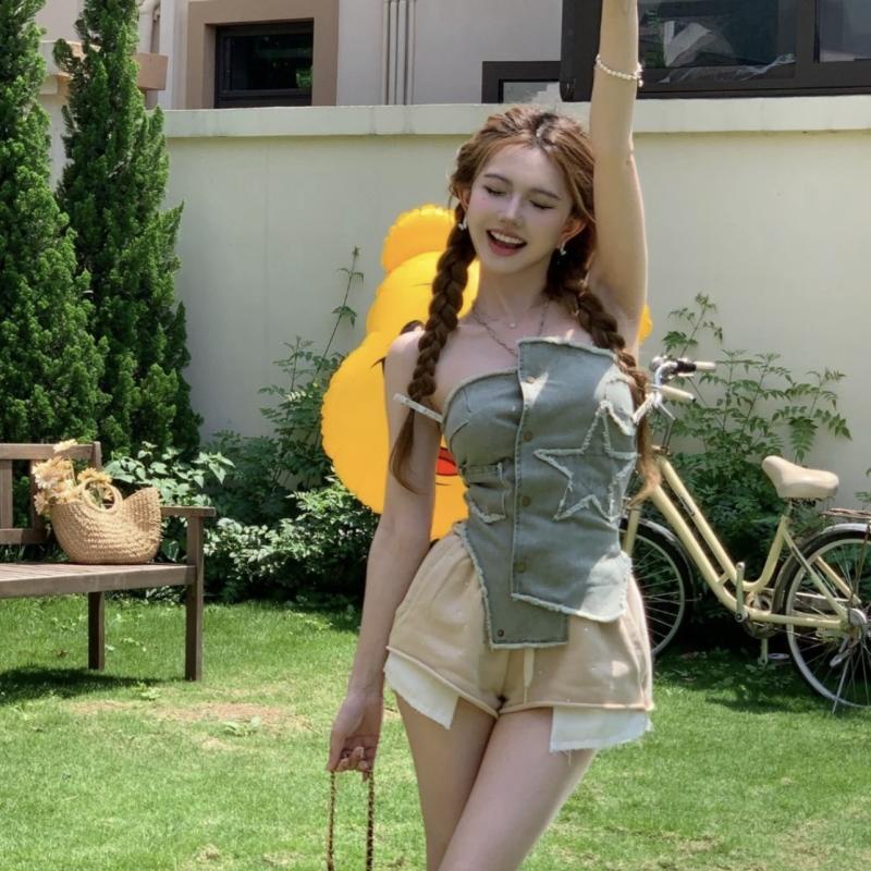 Áo Ống Vải Denim Mỏng Eo Cao Kiểu Retro Thời Trang Mùa Hè Cho Nữ