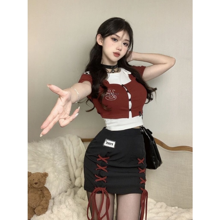Áo Thun Ngắn Tay Giả Hai Lớp Phong Cách Hàn Quốc Cho Nữ