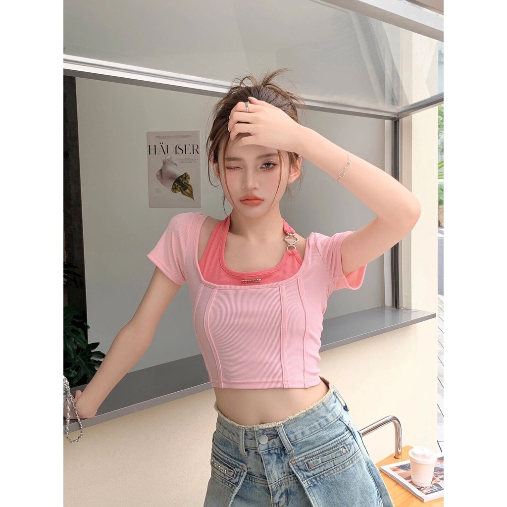 Áo Thun Giả Hai Lớp Dáng Ôm Màu Tương Phản Phong Cách Retro Dành Cho Nữ