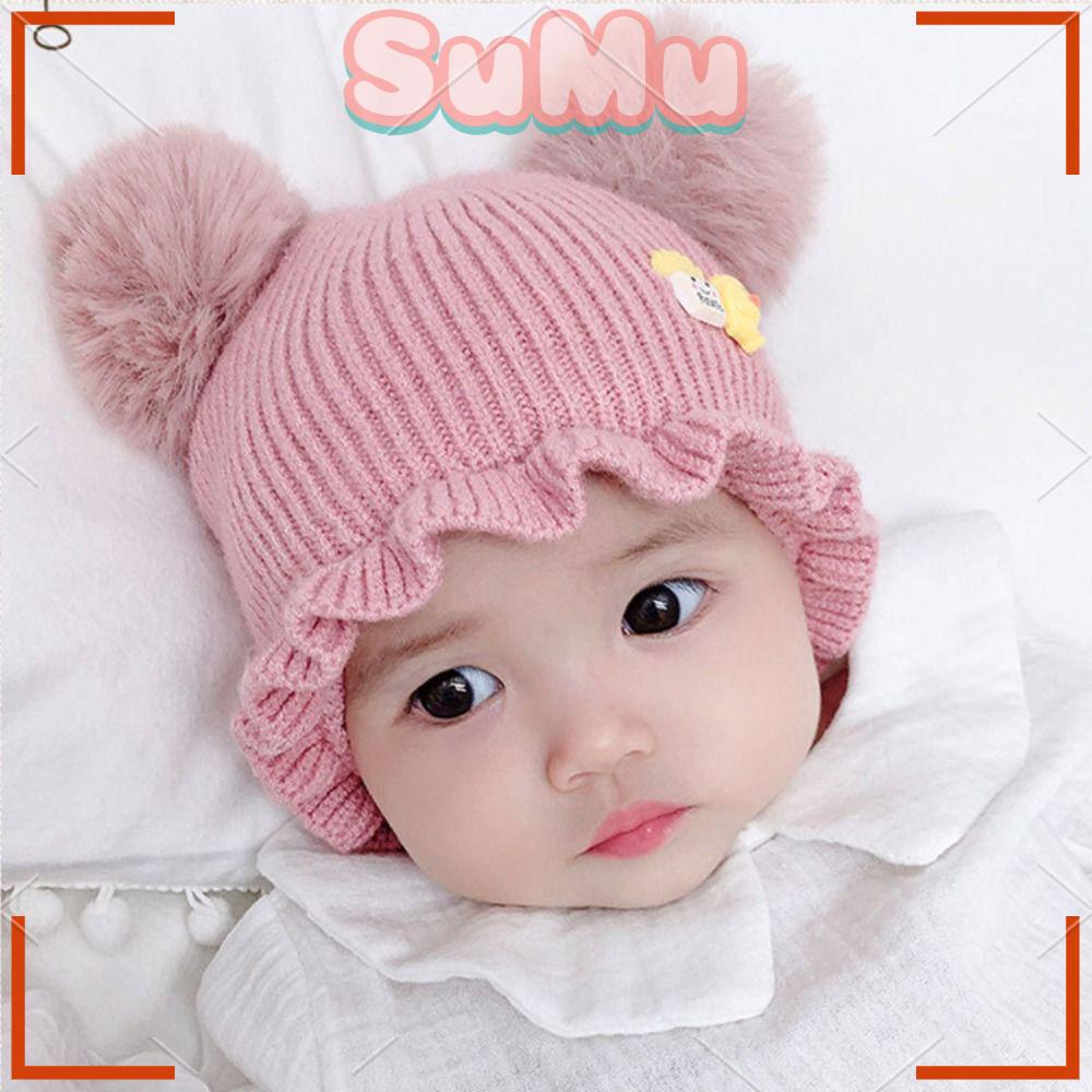 SUMU Mũ beanie Trùm Tai Giữ Ấm Đính Quả Bông Dễ Thương Cho Bé