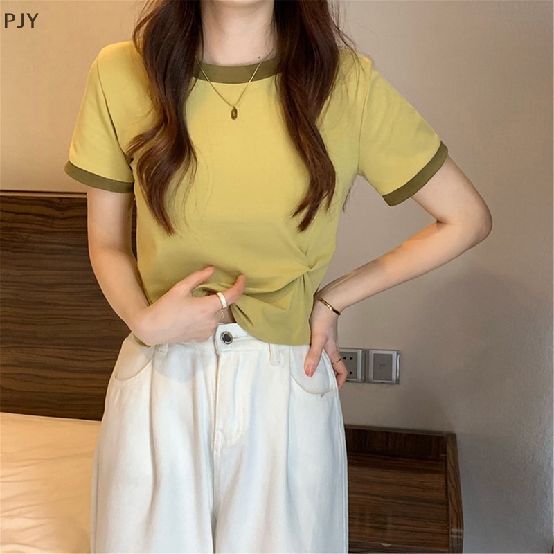 Áo Thun Ngắn Tay Cổ Tròn Màu Sắc Tương Phản Thời Trang Mùa Hè Cho Nữ PJ