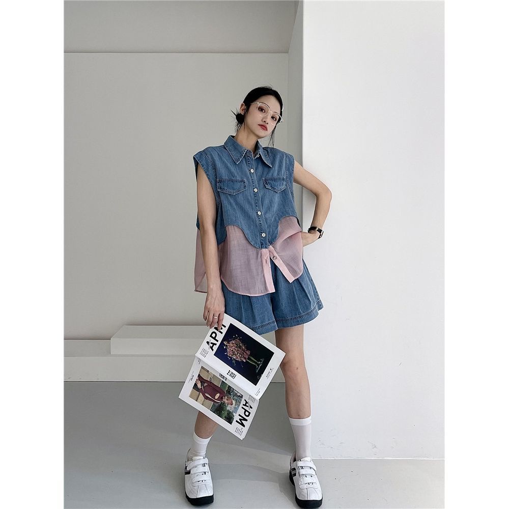 Bộ Áo Denim Không Tay + Quần Short Denim Phong Cách Hàn Quốc Thời Trang Mùa Hè 20023 Mới