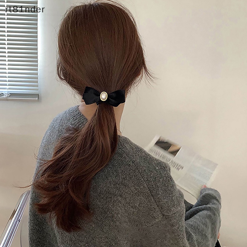 Rt Dây Buộc Tóc Cao Su Co Giãn Bọc Vải Nhung Đính Ngọc Trai Siêu Co Giãn Màu Đen Đơn Giản