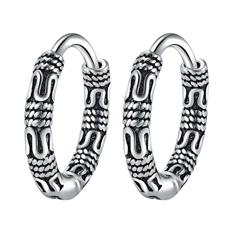 Khuyên Tai Tròn Họa Tiết Retro Thái Màu Bạc Cho Nam Và Nữ