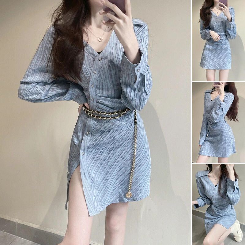 New socialite style high-end French dress sexy small-hearted lapel shirt skirt oblique placket pure style striped long-sleeved shirt skirt