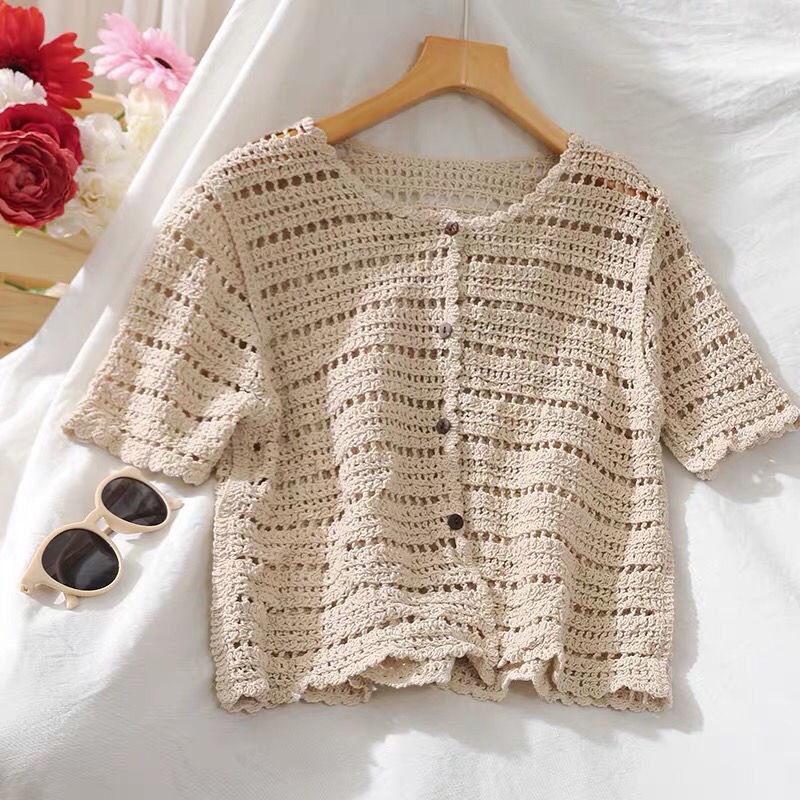 Áo Khoác Cardigan Dệt Kim Mỏng Dáng Ngắn Phối Khóa Gỗ Thời Trang 2023