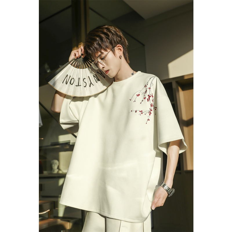 Áo Thun Da Lộn Ngắn Tay Thêu Họa Tiết Phong Cách Trung Hoa Thời Trang Mùa Hè Cho Nam