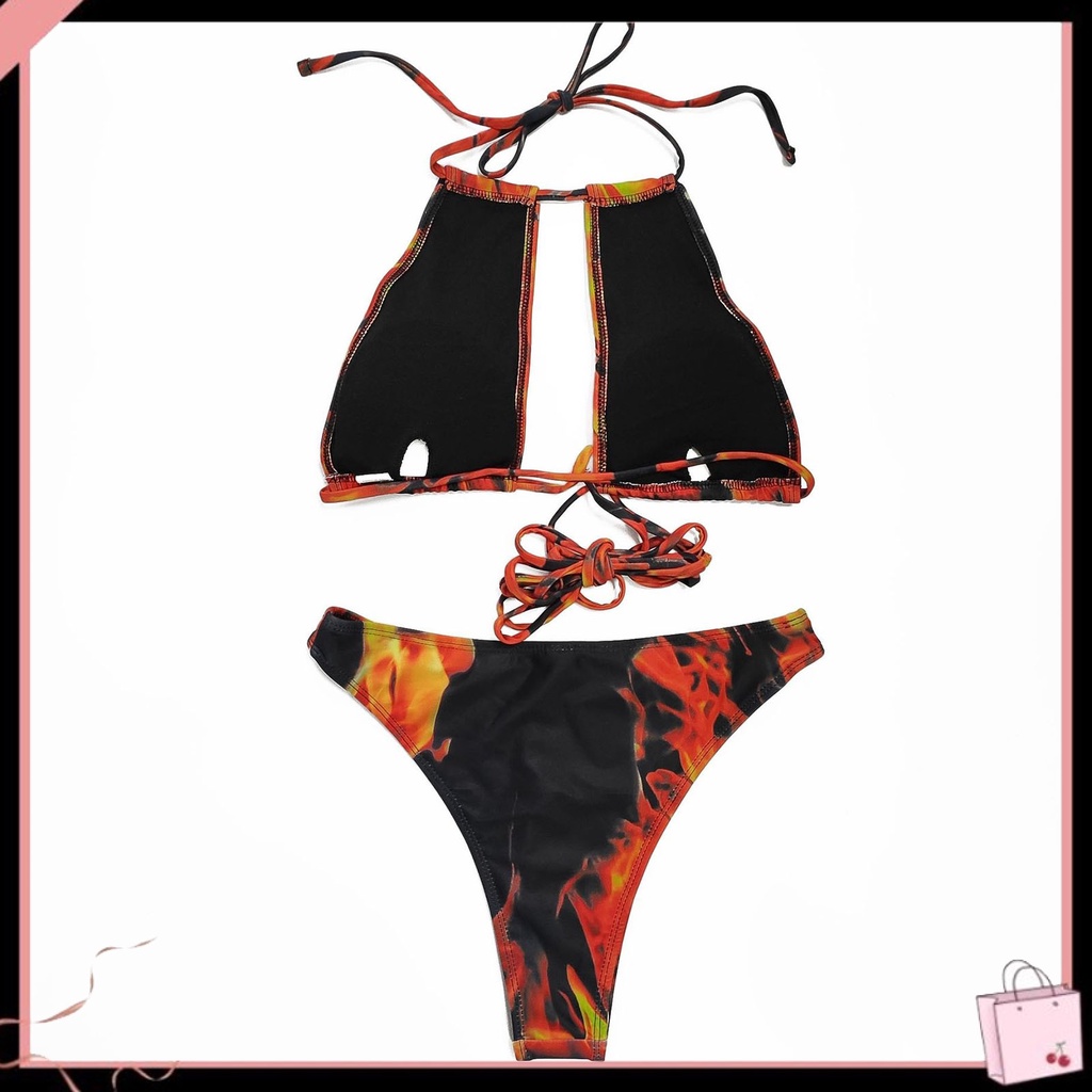 Bộ Bikini 2 Mảnh Mùa Hè Dây Chéo Màu Tương Phản In Họa Tiết Cho Nữ
