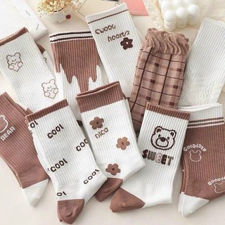 Sét 10 đôi tất trắng nâu cao cổ mẫu mới trống bố