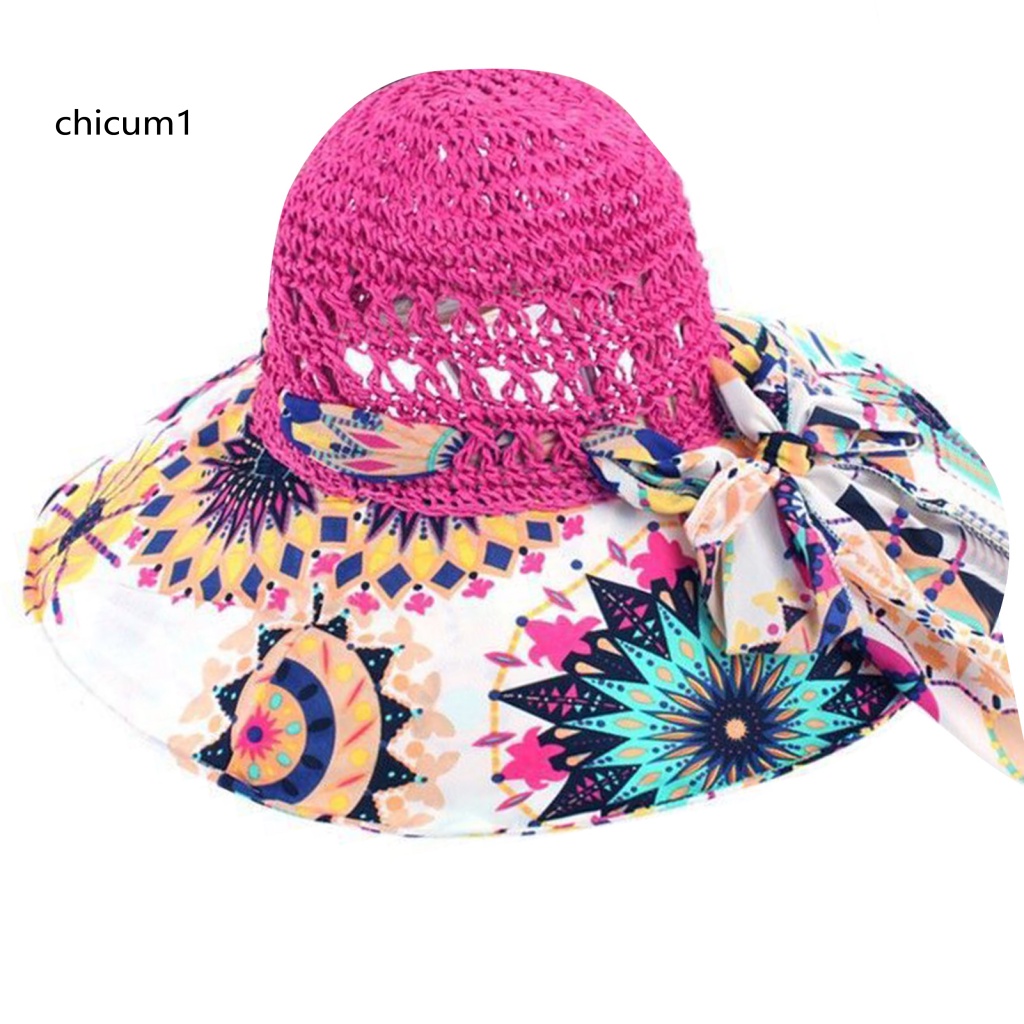 Mũ Cói Rộng Vành Thắt Nơ In Họa Tiết Thổ Cẩm Màu Sắc Dành Cho Nữ