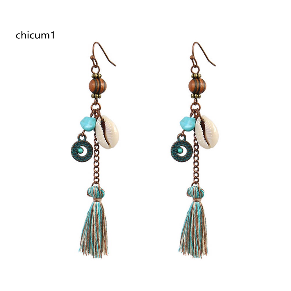 Khuyên Tai Tua Rua Dài Đính Ngọc Lam Nhân Tạo Hình Vỏ Sò Phong Cách Bohemia