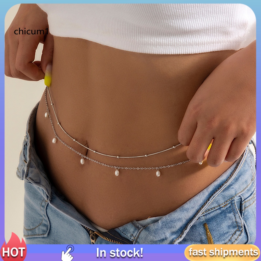 Set 2 Dây Xích Đeo Hông Hai Lớp Đính Ngọc Trai Nhân Tạo Có Thể Điều Chỉnh Cho Nữ