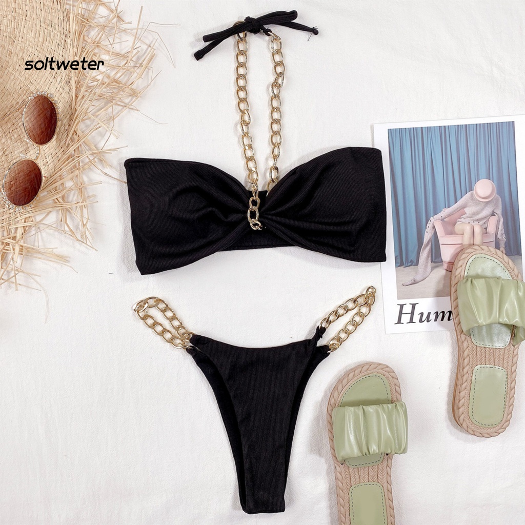 Bộ Đồ Bơi Hai Dây Lưng Thấp Co Giãn Xếp Ly Quyến Rũ Cho Nữ