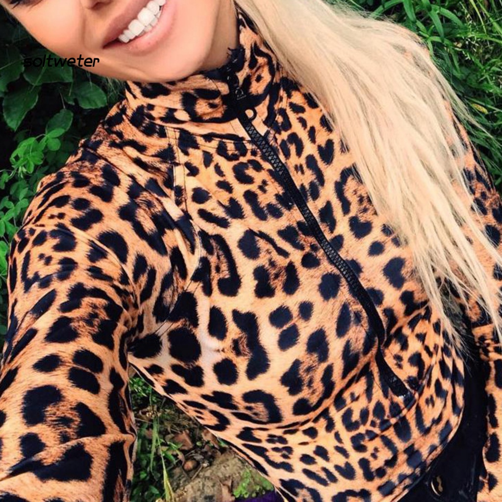 Bộ Đồ Bơi Liền Thân Cổ Đứng Tay Dài In Họa Tiết Da Báo Chất Liệu Mềm Mại Thoáng Khí Thời Trang Quyến Rũ Cho Nữ