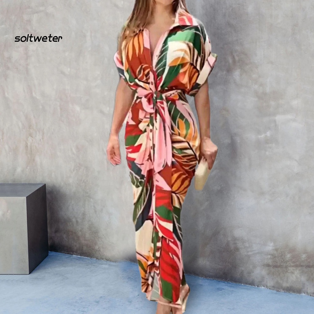 Đầm Sơ Mi Tay Ngắn Cổ Chữ V Eo Cao In Họa Tiết Lá Cây Nhiều Màu Sắc