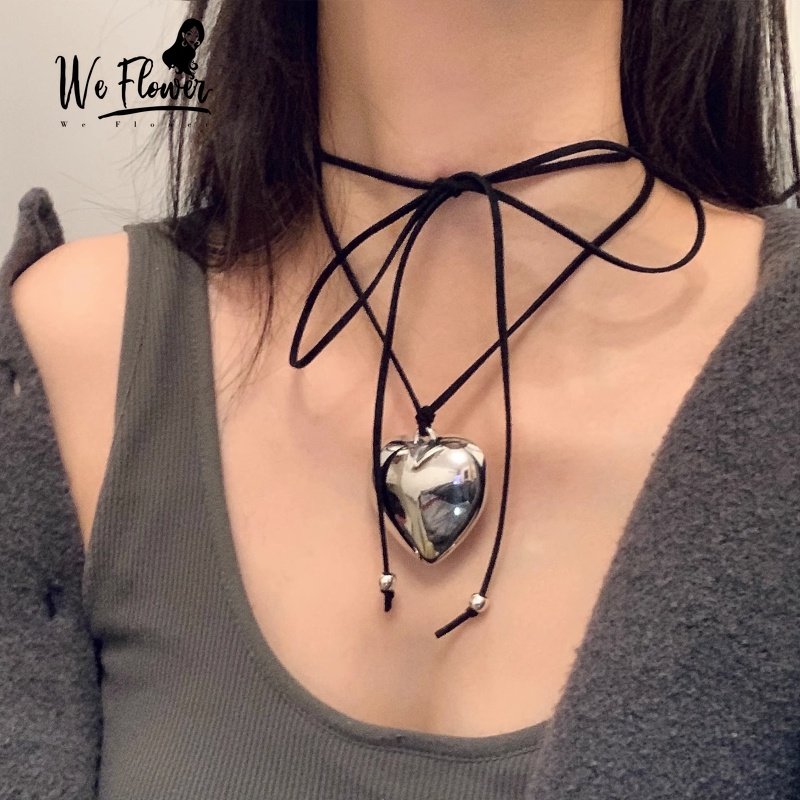 We Flower Vòng Cổ Choker Dây Da Màu Đen Đính Nơ Và Trái Tim Phong Cách Punk Phá Cách Dành Cho Nữ