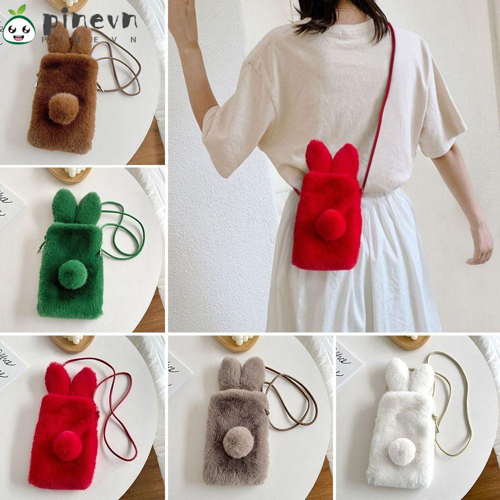 PINEVN Túi Đựng Điện Thoại Đeo Chéo Đính Tai Thỏ Giả Lông Dễ Thương