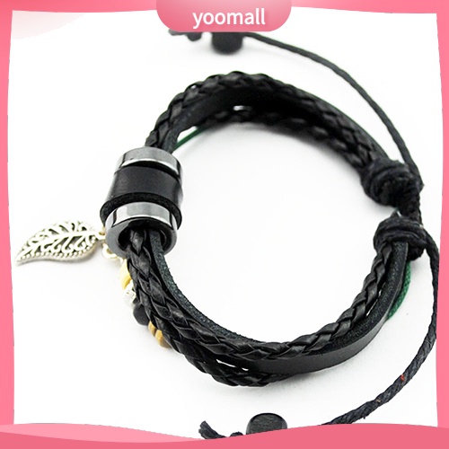 Vòng Tay Giả Da Nhiều Lớp Đính Hạt Và Mặt Hình Lá Có Thể Điều Chỉnh Kích Thước Unisex