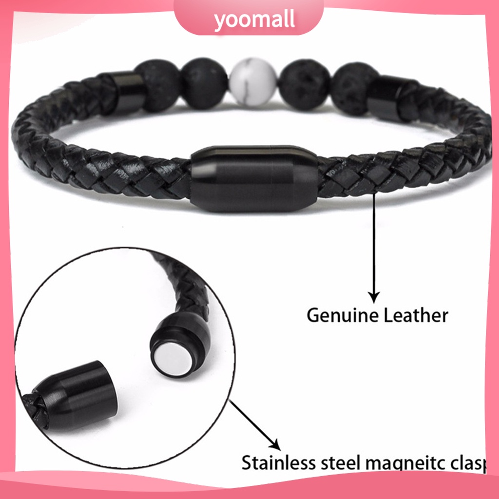 [YM] Vòng Đeo Tay Dây Da Bện Siêu Nhẹ Chống Mài Mòn Trang Trí Hạt Đá Hợp Kim Đơn Giản Cho Nam Và Nữ