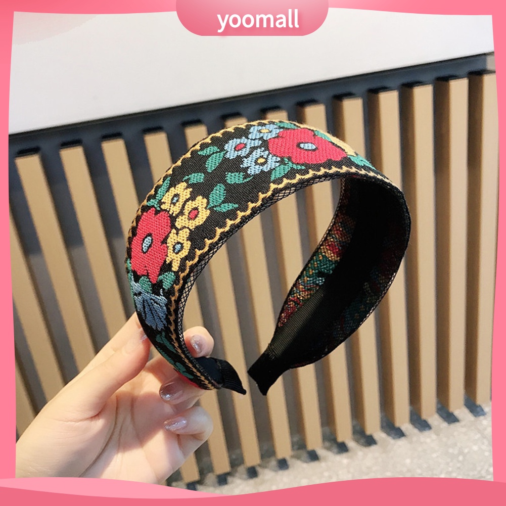 Băng Đô Cài Tóc Bản Rộng Thắt Nút Thêu Họa Tiết Phong Cách Dân Tộc Đơn Giản Cho Nữ