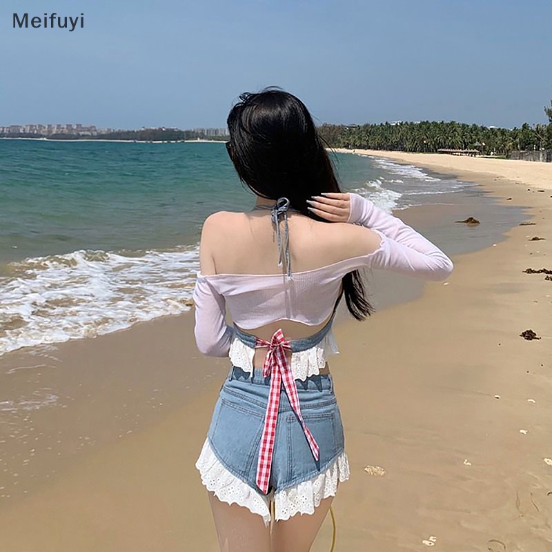 [Meifuyi] Bra+Shorts Set Women Sexy Halter Cropped Lace Backless Denim Elastic Waist Beach COD