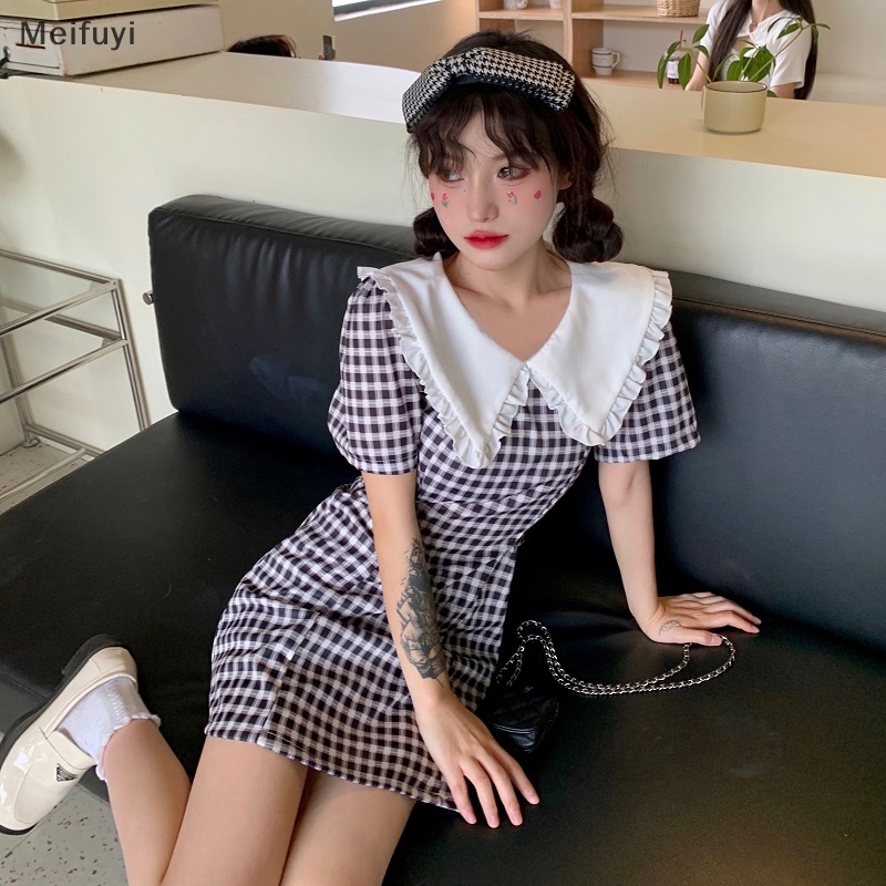 [Meifuyi] Women Summer Dress Short Sleeve Plaid Peter Pan Collar High Waist Casual Dresses COD