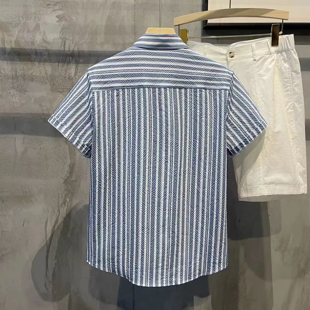 Áo Sơ Mi Tay Ngắn Phồng Họa Tiết Sọc Xanh Dương Thời Trang Mùa Hè 2023 Mới Dành Cho Bé Trai