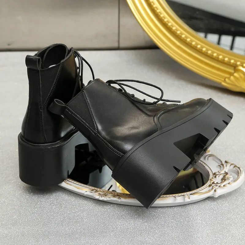 Giày Bốt Martin Da Bóng Gót Dày Tăng Chiều Cao Cá Tính