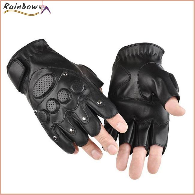 [COD] Găng Tay Lái Xe Nửa Ngón Bằng Da PU Màu Đen Phong Cách Punk Unisex