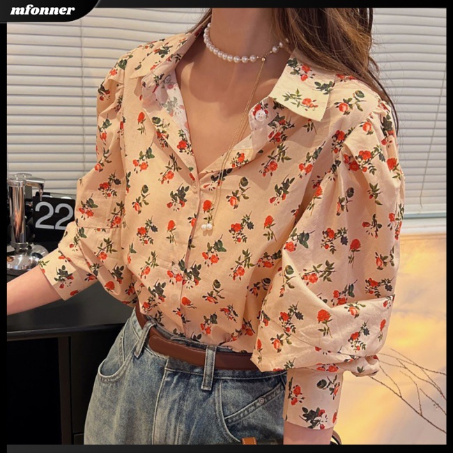 Áo Sơ Mi Tay Dài Phồng In Họa Tiết Hoa Thanh Lịch Dành Cho Nữ