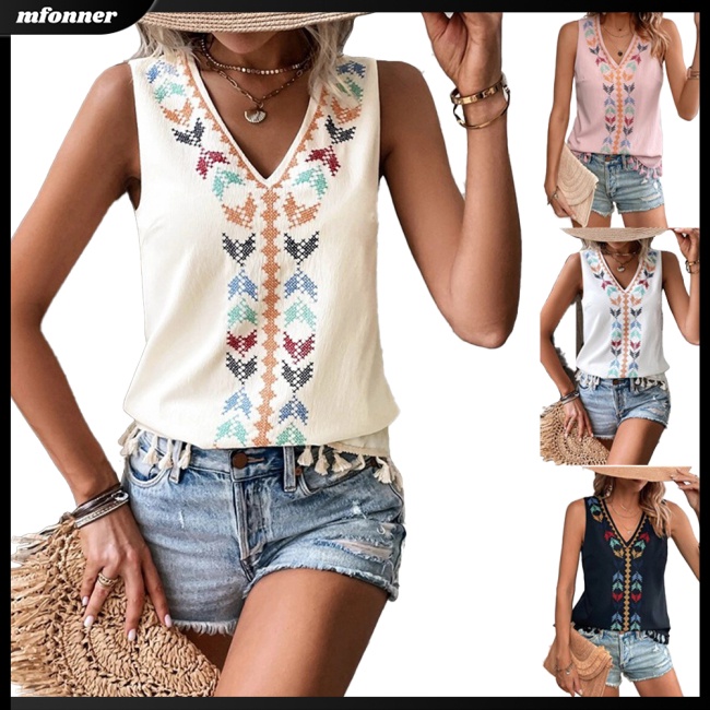 Áo Tank Top Sát Nách Cổ Chữ V Viền Tua Rua Thêu Họa Tiết Phong Cách Boho Quyến Rũ Cho Nữ