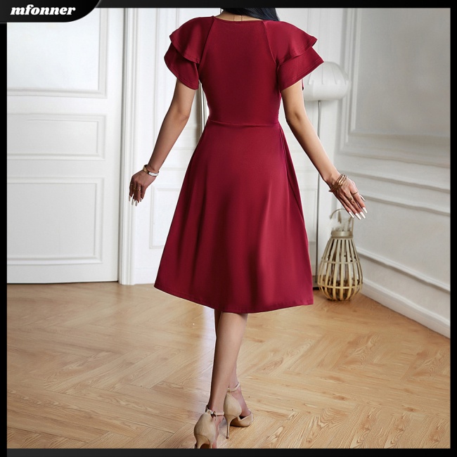 Đầm Midi Tay Ngắn Cổ Chữ V Màu Sắc Trơn Thanh Lịch Dành Cho Nữ