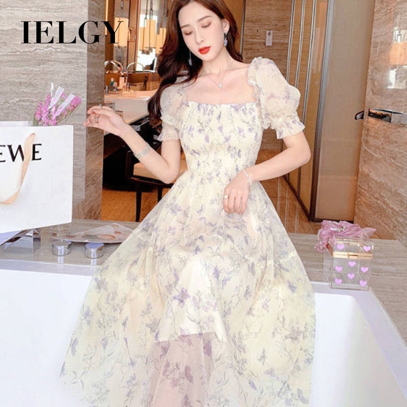 Đầm dài IELGY cổ vuông tay phồng in họa tiết hoa thời trang mùa hè dành cho nữ
