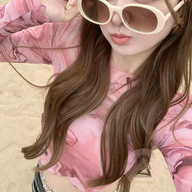 Áo Thun Tay Dài Cổ Tròn In Màu Nhuộm Phối Lưới Thời Trang Cho Nữ