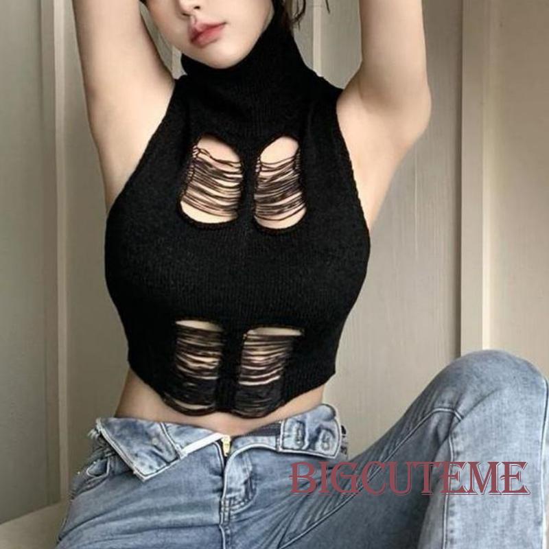 Áo Croptop Dệt Kim Sát Nách Cổ Lọ Màu Trơn Thời Trang Mùa Hè Cho Nữ