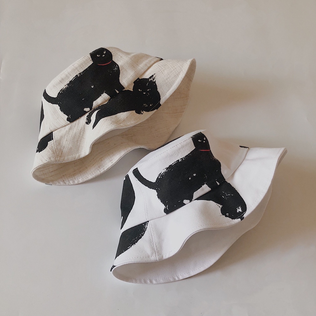 Nón Tai Bèo Vải Lanh Chống Nắng In Hình Mèo Graffiti Thời Trang Nhật Hàn Dễ Phối Đồ Cho Nam Và Nữ