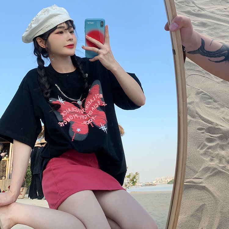 Áo Thun Ngắn Tay Dáng Rộng In Họa Tiết Phối Dây Xích Thời Trang Mùa Hè Hàn Quốc Mới Dành Cho Nữ