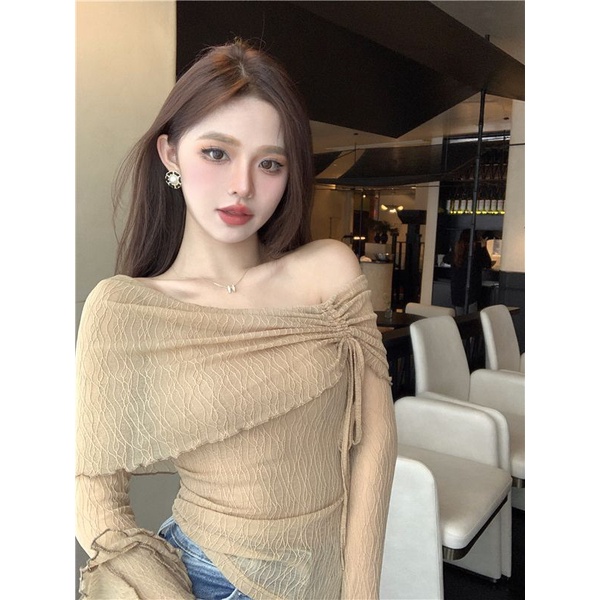 Áo Kiểu Trễ Vai Tay Loe Dài Phối Dây Rút Thời Trang Mùa Hè Cho Nữ