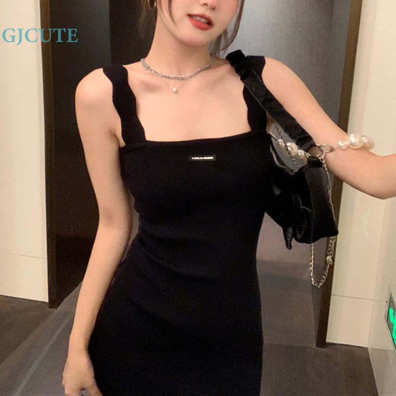 Đầm Chữ A Dệt Kim Cổ Vuông Màu Đen Thời Trang Mùa Hè Cho Bạn Gái