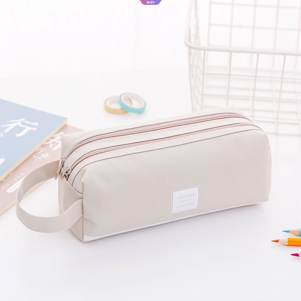 1 Túi Đựng Bút Bằng Vải Canvas Hai Ngăn Có Dây Kéo Màu Trơn Sức Chứa Lớn Dành Cho Học Sinh