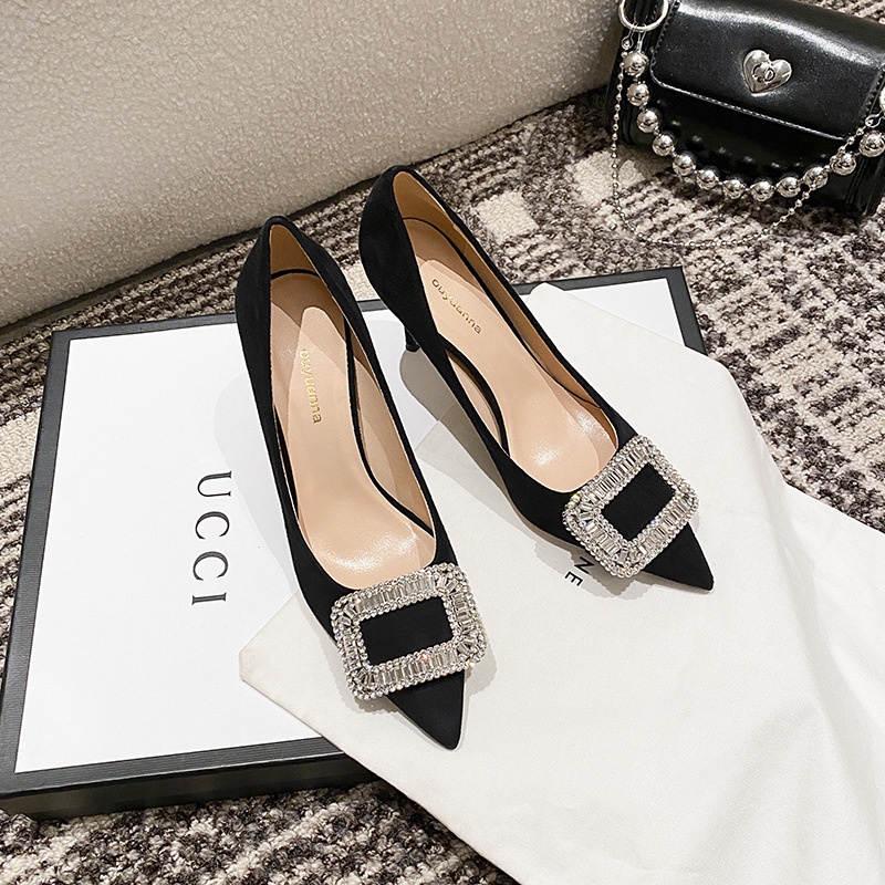 2022 autumn and winter rv all-match suede rhinestone square buckle black high heels women's thin heel pointed professional shoes O8DS