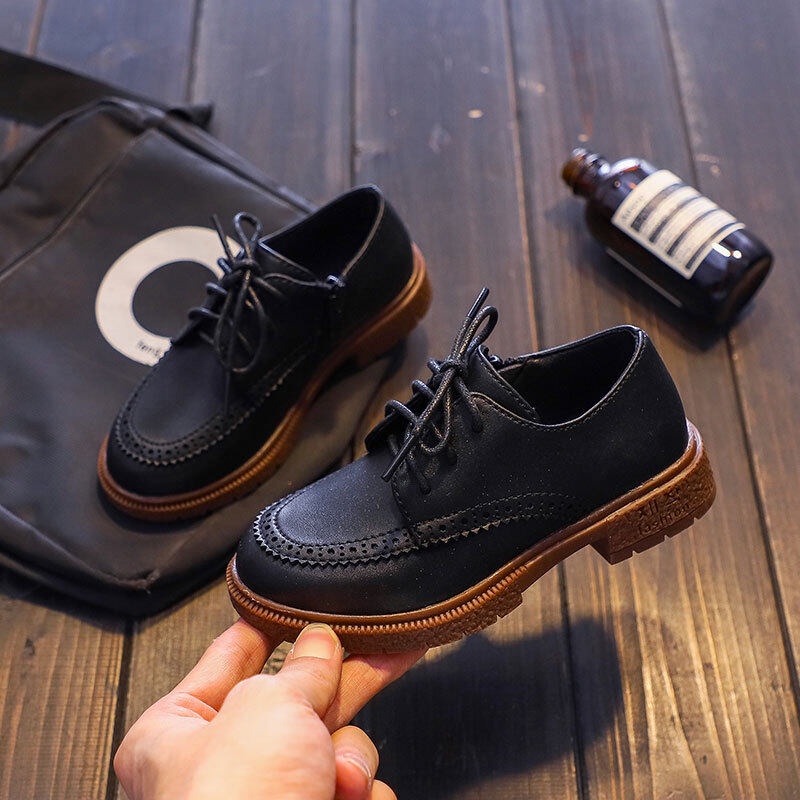 Giày Da Cột Dây Màu Đen / Nâu Chống Trượt Phong Cách Retro Trang Trọng Cho Bé Trai