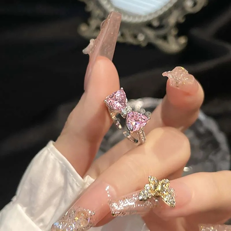 Nhẫn Mạ Vàng / Bạc Y2K Đính Đá Zircon Hình Nơ / Trái Tim Xinh Xắn Thời Trang Cho Nữ