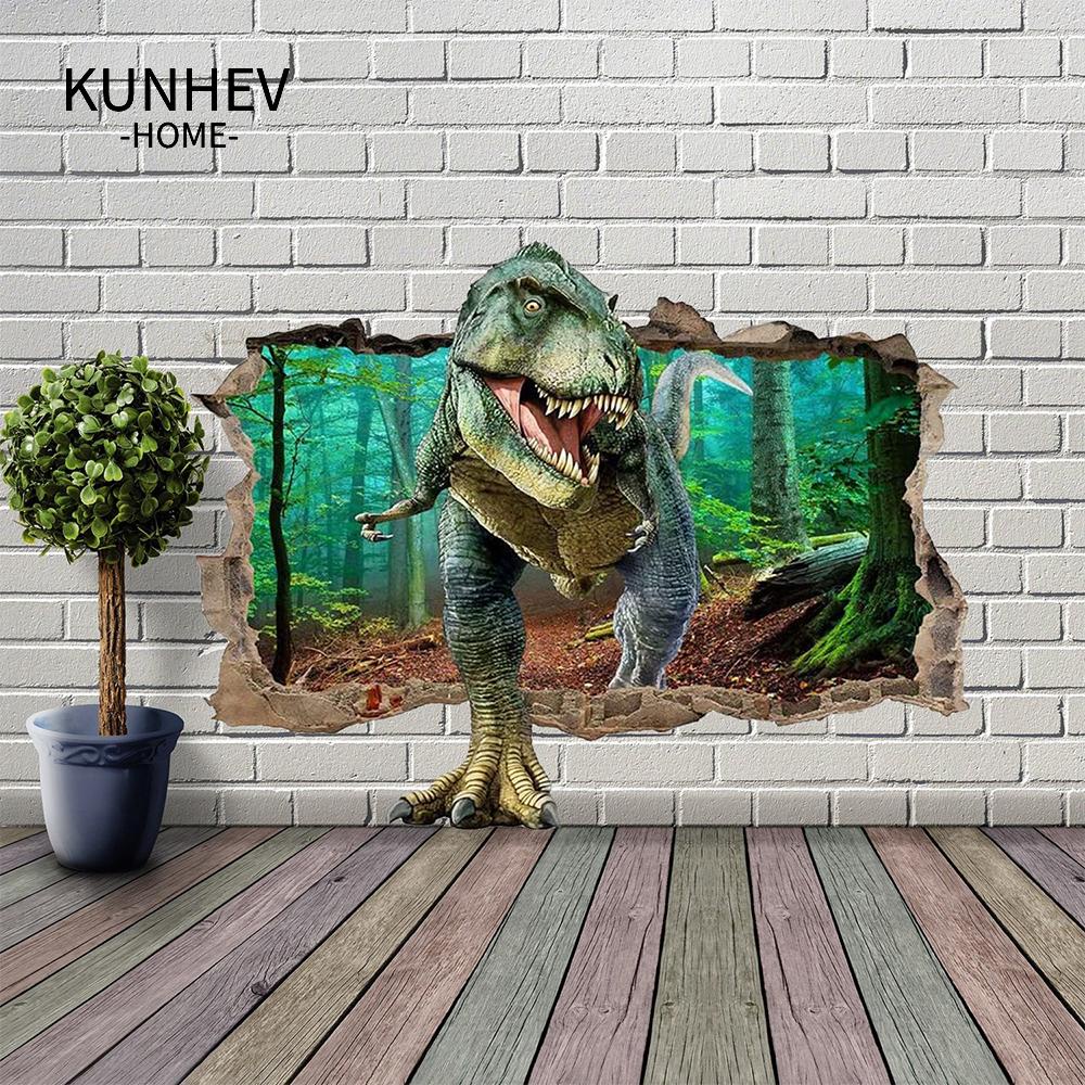 Sticker dán tường KUNHEV họa tiết khủng long và khu rừng 3D có thể tháo rời