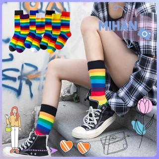 Vớ Cotton Cổ Cao Co Giãn Họa Tiết Kẻ Sọc Cầu Vồng Phong Cách Harajuku Thời Trang Cho Nam Và Nữ MIHAN1