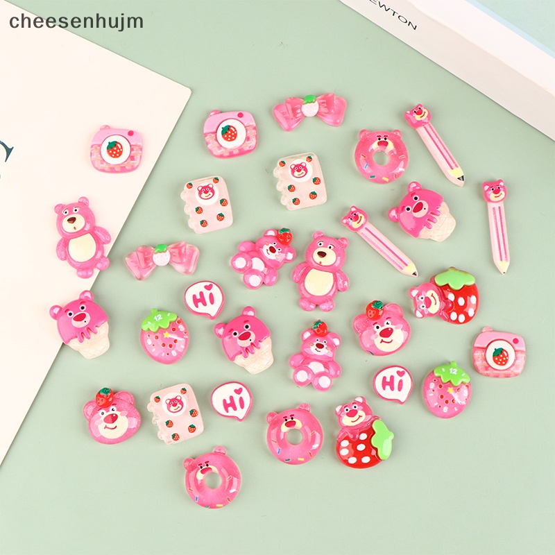 Set 10 Kẹp Tóc Hình Gấu Hồng / Dâu Tây Bằng Nhựa Resin DIY